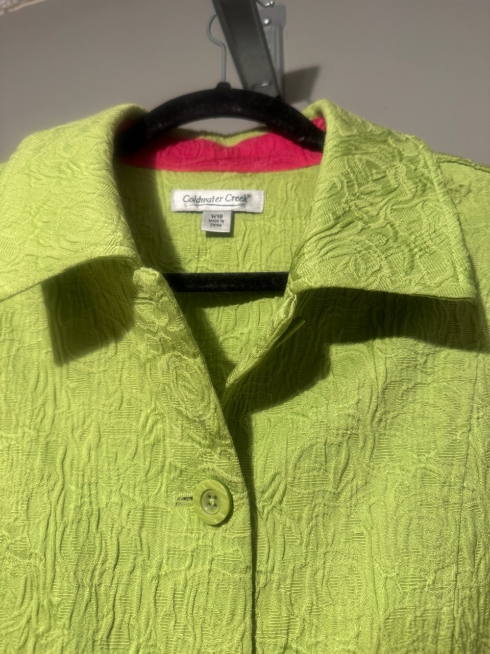 Coldwater Creek 18W Lime Green Jacquard Spring Jacket Pink Trim Preppy - Picture 6 of 9